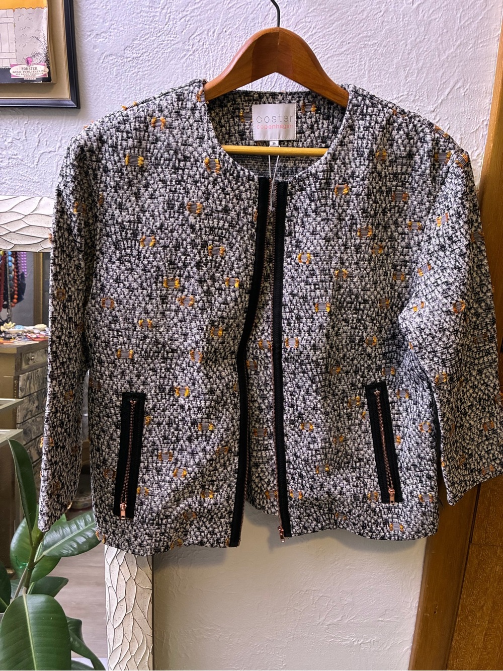 Danish Black Tweed Collarless Zip Jacket with Gold Accents